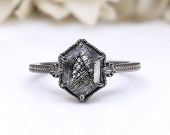 AAA black rutile gemstone 14K rose gold engagement wedding bridal birthstone ring silver anniversary birthday graduation gift solitaire ring