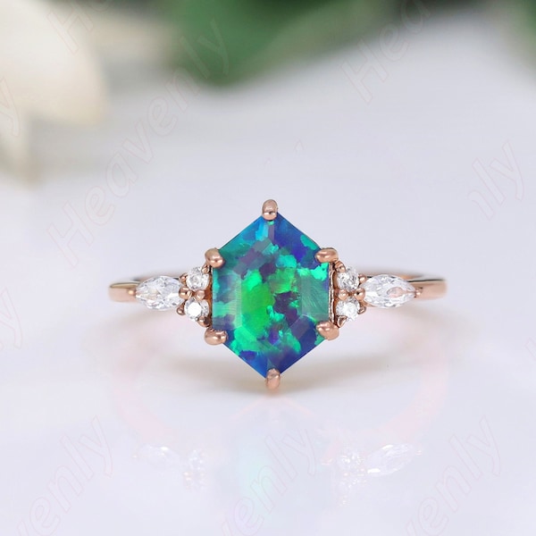 hexagon blue fire opal gemstone 14KT rose gold 925 silver engagement ring wedding ring bridal ring dainty ring art deco ring for her