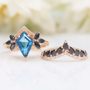 Kite London Blue Topaz gemstone 14K rose gold engagement Wedding bridal ring set birthstone ring silver rings anniversary gift rings for her