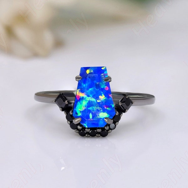 blue fire opal gemstone black rhodium plated 925 silver engagement wedding bridal ring art deco statement ring promise ring birthday present