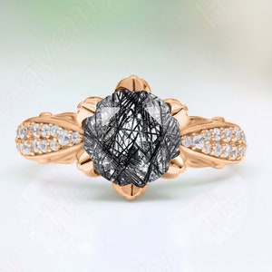 AAA Round Black Rutile 14K Rose Gold Plated 925 Sterling Silver Ring For Her Floral Ring Anniversary Gift Ring For Her Promise Ring