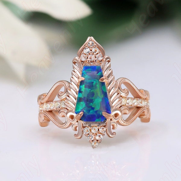 blue fire opal gemstone 14KT rose gold 925 silver engagement ring wedding ring bridal ring crown ring filigree ring art deco ring for her