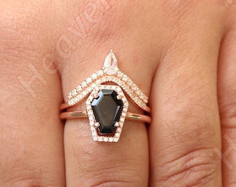 3.50ct AAA onyx gemstone 14KT rose gold engagement rings set Wedding rings bridal rings set july birthstone ring Coffin Rings Set