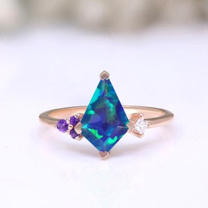 Kite Blue & Green Peacock Opal 14K Rose Gold Plated 925 Silver Engagement Ring Wedding Ring Amethyst Ring Bridal Ring For Wife