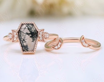 2.35ct Moss Agate gemstone 14KT rose gold engagement rings set Wedding rings bridal rings set  Coffin Rings Set Crescent Rings Set