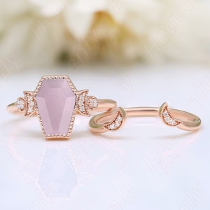 1.75ct AAA Rose Quartz gemstone 14KT rose gold engagement rings set Wedding rings bridal rings set birthstone ring Coffin Rings Set