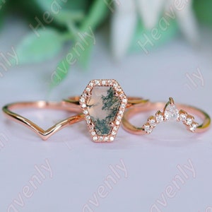 2.35ct Moss Agate gemstone 14KT rose gold engagement rings set Wedding rings bridal rings set  Coffin Rings Set Three Rings Set