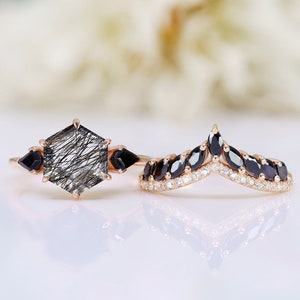 AAA Black Rutile gemstone 14KT rose gold engagement Wedding bridal rings set birthstone ring Hexagon Stackable Rings Set For Her