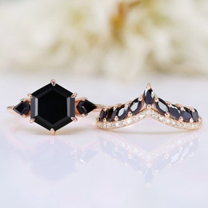 Hexagon Black Onyx Engagement Wedding Bridal Art Deco Ring Ring Set For Her Anniversary Birthday Gift Stacking Two Rings Set