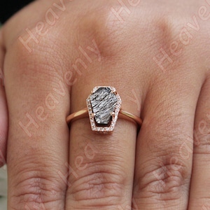 2.50ct AAA Black Rutile Quartz gemstone 14KT rose gold engagement ring Wedding rings bridal rings set birthstone ring Coffin Rings Set