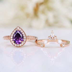 Amethyst Wedding Engagement Bridal Ring Halo Moissanite Ring Set Purple Stone Ring 14K Gold Ring For Her Birthday Gift Stacking Rings