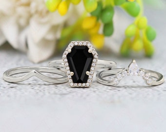 3.50ct AAA onyx gemstone 14K rose gold plated 925 Silver engagement ring set Wedding bridal rings set july birthstone ring Coffin Rings Set