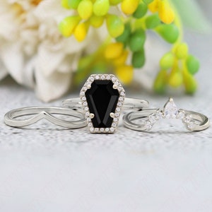 3.50ct AAA onyx gemstone 14K rose gold plated 925 Silver engagement ring set Wedding bridal rings set july birthstone ring Coffin Rings Set