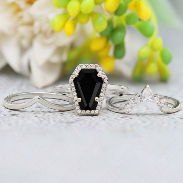 3.50ct AAA onyx gemstone 14K rose gold plated 925 Silver engagement ring set Wedding bridal rings set july birthstone ring Coffin Rings Set