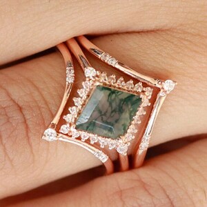 10X8 mm kite AAA moss agate gemstone engagement wedding bridal rings set 14K 18K gold 925 sterling silver stacking rings anniversary gift