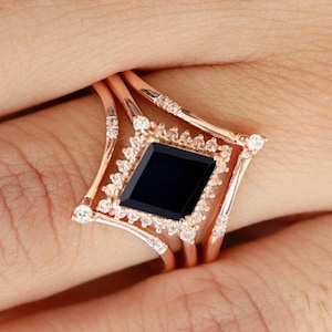 kite AAA onyx gemstone 14k rose gold engagement wedding bridal rings set 925 silver black gemstone stacking ring set birthday gift for her