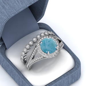 2.30ct AAA Larimar gemstone platinum solitaire wedding bands engagement rings stacking rings bridal rings set blue gemstone promise rings