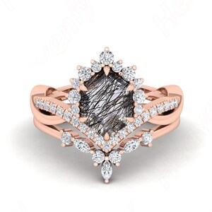 2.20 ct AAA black rutile gemstone 14K rose gold plated 925 silver engagement wedding bridal rings set hexagon art deco stacking ring for her