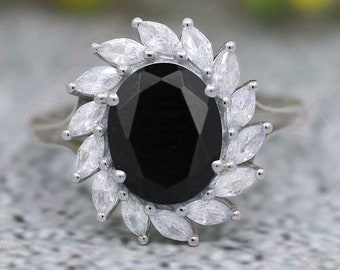 3.50 ct. Black Onyx Wedding Bridal Ring, Vintage Art Deco Ring, Solitaire Ring, Black Stone Ring, Birthstone Ring, Moissanite Ring.