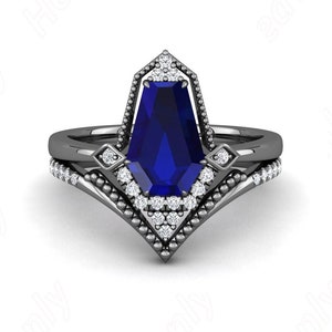blue sapphire gemstone black rhodium plated 925 silver engagement Wedding bridal rings set Coffin Art Deco Two Rings Set For Her