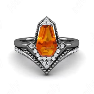 coffin citrine gemstone black rhodium plated 925 silver engagement wedding bridal rings set art deco coffin stacking bands for her