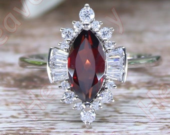 1.25Cts Natural Red Garnet Engagement Ring, Wedding Ring For Bride, Baguette Moissanite Ring, Birthstone Ring,Christmas Gift, Gift For Women