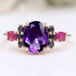 Oval Amethyst Wedding Engagement Bridal Ring Vintage Art Deco Ring Purple Stone Ring Anniversary Gift For Her Black Spinal SIMULATED RUBY