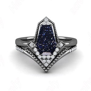 2.55ct sandstone gemstone black rhodium plated 925 silver engagement Wedding bridal rings set Coffin RArt Deco Two Rings Set For Her