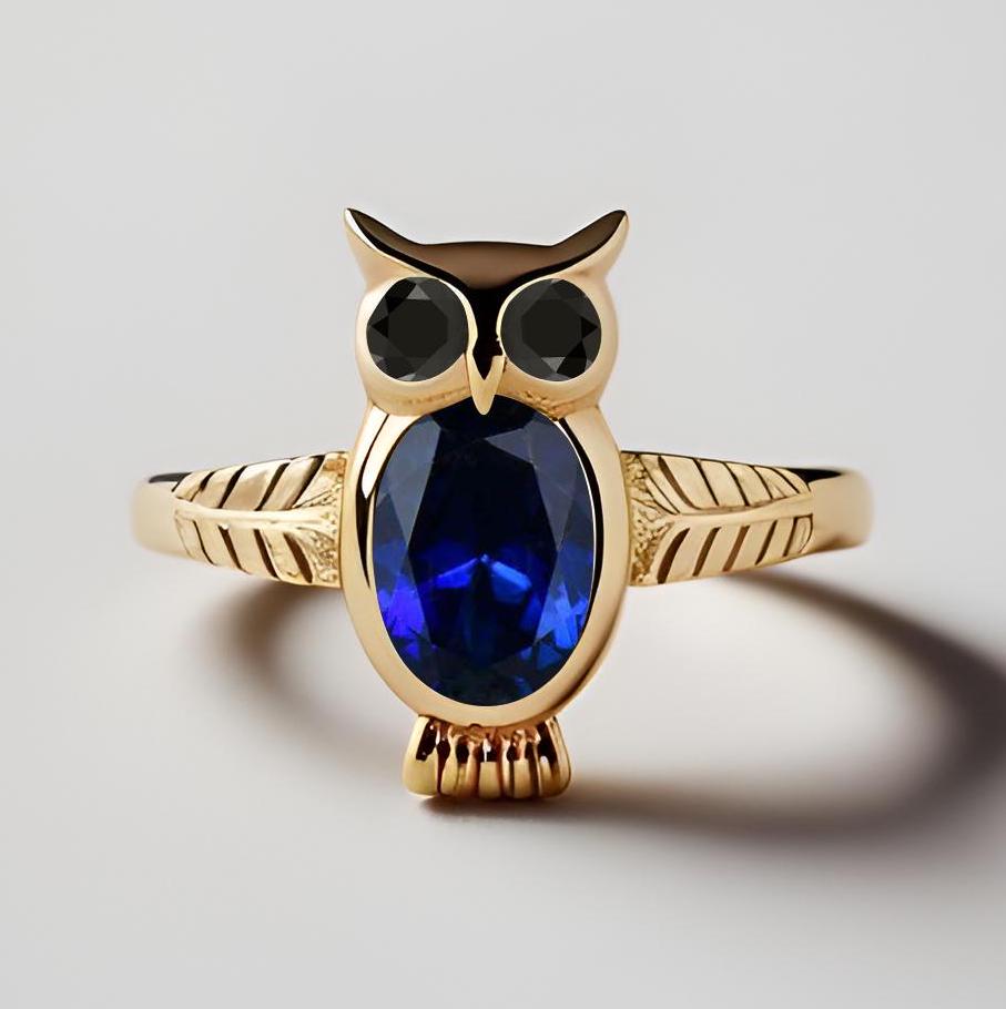 Oval Blue Sapphire Engagement Ring Unique Owl Design 925 Silver Yellow Gold Ring Bridal Promise Ring