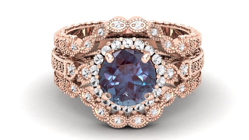 2.15ct AAA Alexandrite 14KT rose gold bridal rings set | Etsy