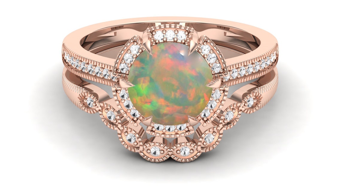 2.20ct AAA Opal gemstone 14KT rose gold bridal rings set | Etsy