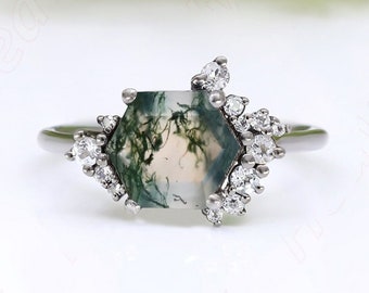 hexagon moss agate gemstone engagement wedding bridal ring 14K 18K gold 925 sterling silver ring birthday anniversary gift for her