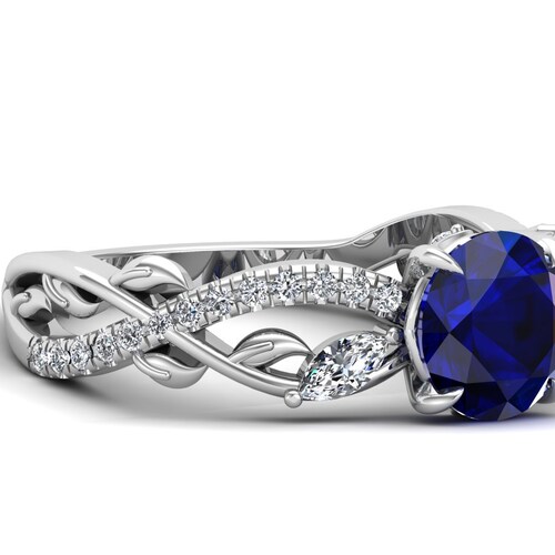 1.60ct Blue Sapphire Wedding Art Deco Ring, Moissanite Ring, Solitaire Ring, Split Shank Ring, Blue shops Stone Ring, Antique Ring, Floral Ring.