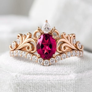 Vintage Rubin Kronring, Roséguldpläterad 925 Silver Moissanit Tiara Ring, Ovalslipad Juli Födelsesten, Filigran Löftesring för Henne