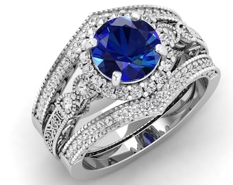 2.15ct AAA blauer Saphir Edelstein Platin Solitär Eheringe Verlobungsringe Stapelringe Brautringe Set Blaue Edelsteinringe