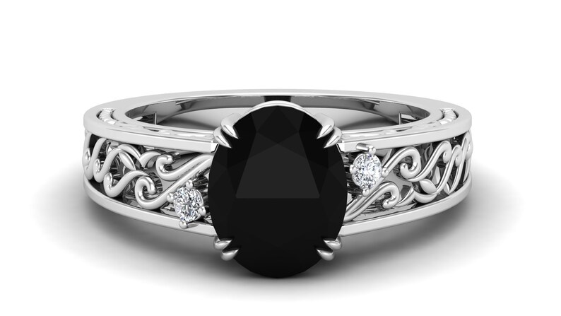 Black Onyx Wedding Bridal Ring Black Stone Ring. Solitaire Ring Vintage Art Deco Ring Moissanite Ring Filigree Ring 3.50 ct