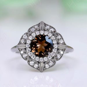 Round smokey quartz gemstone black rhodium plated Wedding Bridal ring birthstone Anniversary gift Statement Promise Ring art deco rings