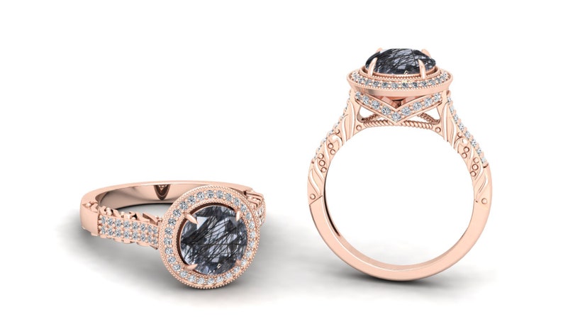 Milgrain Ring 2.30 Black Rutile Engagement Bridal Ring Vintage Art Deco Ring Moissanite Ring. Unique Ring Filigree Ring Solitaire Ring