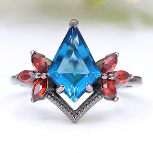 2.40ct Kite London Blue Topaz Gemstone black rhodium plated engagement ring Wedding bridal rings  Blue Topaz Art Deco Silver Ring For Her