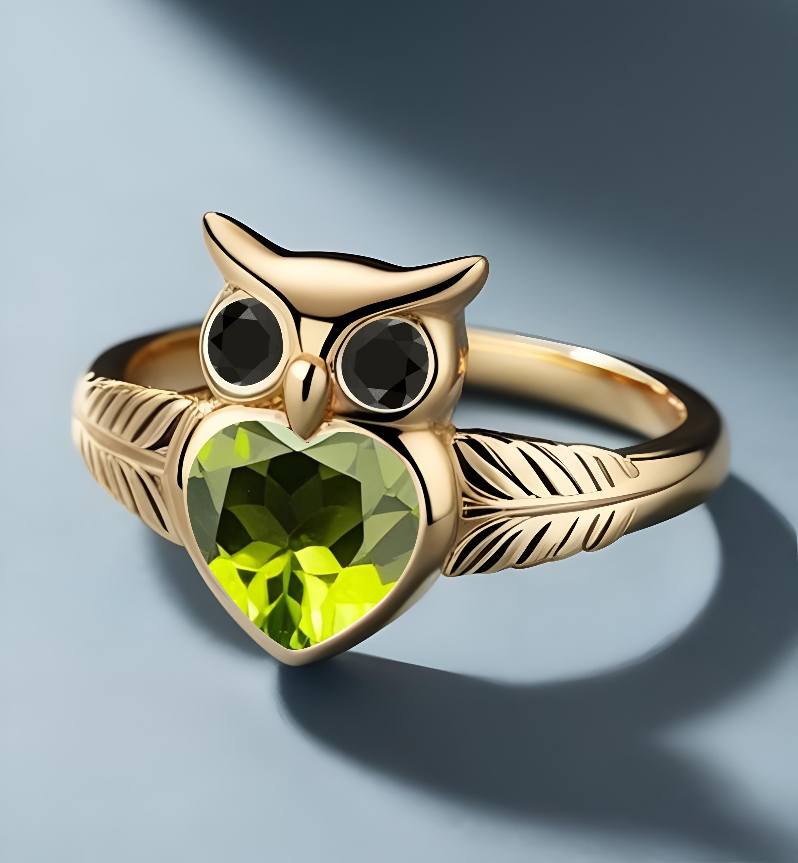 Heart Peridot Engagement Ring Unique Owl Design 925 Silver Yellow Gold Ring Bridal Promise Ring Natu