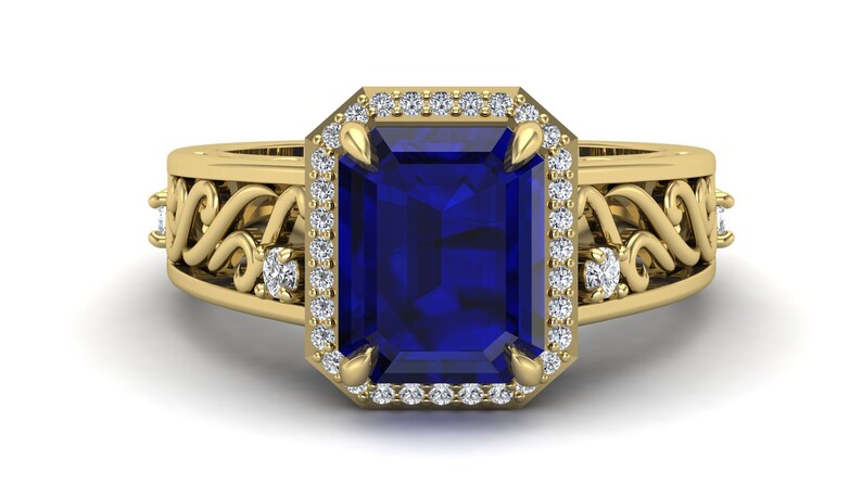 2.75 ct Blue Stone Ring Blue Sapphire Wedding Bridal Ring Solitaire Ring Moissanite Ring Halo Ring. Vintage Art Deco Ring