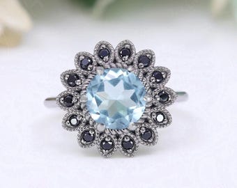 Round sky blue topaz gemstone black rhodium plated Wedding Bridal ring birthstone Anniversary gift for her Statement Promise Ring