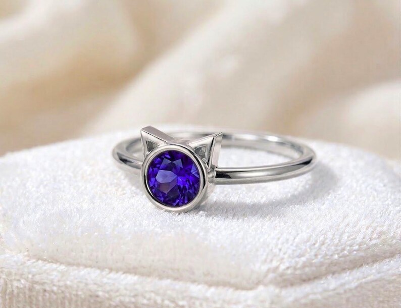 Blue Sapphire Cat Ring in 925 Silver 14K Rose Gold Dainty Ring Animal ...