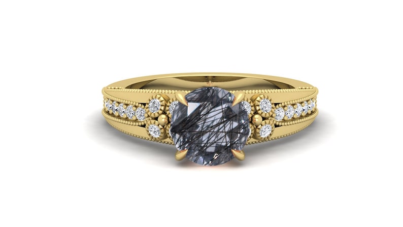 Vintage Art Deco Ring Black Stone Ring Moissanite Ring Black Rutile Wedding Bridal Ring Split Shank Ring Solitaire Ring. 2.25ct