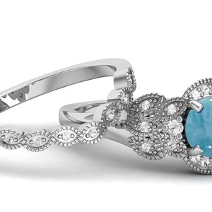 1.50ct AAA Larimar gemstone platinum bridal ring set engagement ring wedding band stacking rings march birthstone solitaire anniversary ring