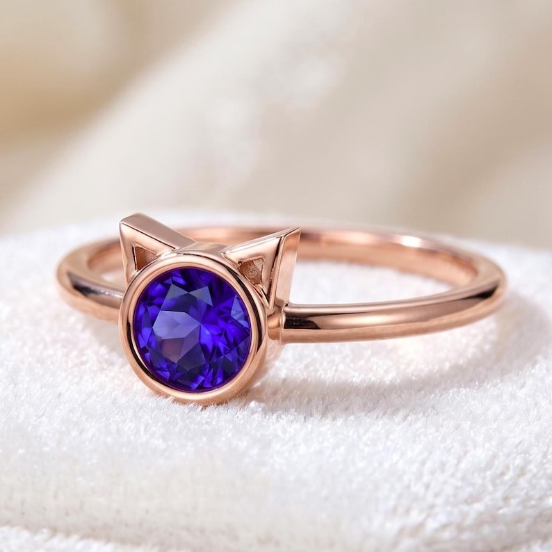 Blue Sapphire Cat Ring in 925 Silver 14K Rose Gold Dainty Ring Animal ...