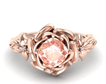 2.40 ct peach morganite gemstone flora flower engagement ring , unique flower jewelry , anniversary gift for wife , 14k rose gold vermeil