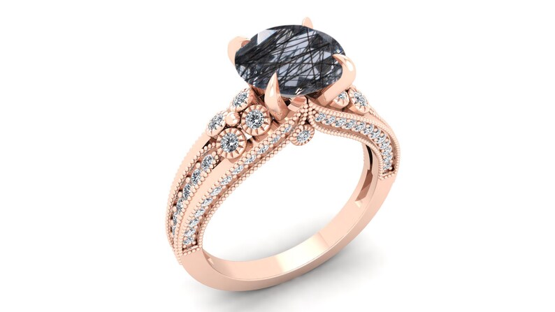Vintage Art Deco Ring Black Stone Ring Moissanite Ring Black Rutile Wedding Bridal Ring Split Shank Ring Solitaire Ring. 2.25ct