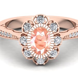 Peach Morganite Wedding Bridal Ring, Vintage Art Deco Ring, Solitaire Ring, Moissanite Ring, Oval Shape Ring, Tapered Shank Ring For Wife.