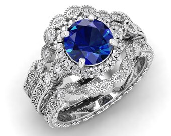 2.15ct AAA blauer Saphir Edelstein Platin Solitär Eheringe Verlobungsringe Stapelringe Brautringe Set Blaue Edelsteinringe